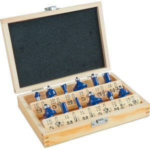 Set di frese LUX da 12 pezzi in custodia di legno con varie frese per legno e plastica.