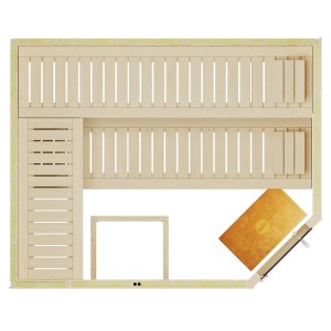 Sauna angolare Weka Element Varberg, 7,5 kW BioS, porta in vetro, vista dall'alto: sauna in legno con panche e stufa.