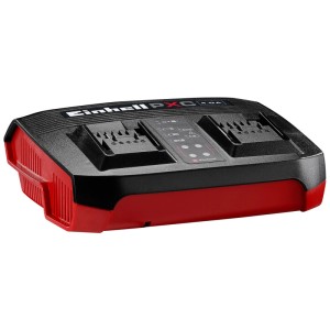 Chargeur Einhell PXC Power X-Twincharger 4A rouge et noir pour deux batteries.