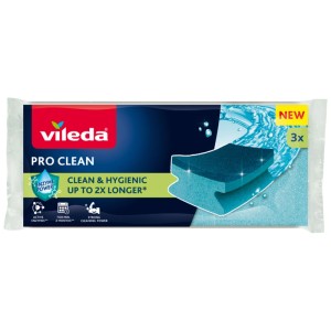 Éponges de nettoyage Vileda Pro Clean, lot de 3. Éponges bleues avec Enzyme Power pour un nettoyage hygiénique.