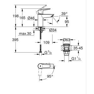 Disegno tecnico: Miscelatore monocomando per lavabo Grohe QuickFix Start S Nero con dimensioni.