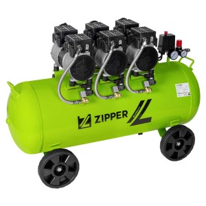 Compresseur silencieux Zipper ZI-COM90SI vert avec réservoir 90L, pompe sans huile, manomètres et roues.