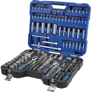 Jeu de clés à douille LUX 200 pièces dans une mallette bleue, assorti d'embouts et d'accessoires.