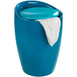 Panier à linge Candy pétrole avec assise rembourrée, utilisable aussi comme tabouret de salle de bain.