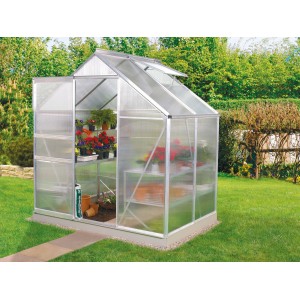 Serre Venus 2500 avec cadre en aluminium et panneaux en polycarbonate, incluant fenêtre de toit et porte coulissante.