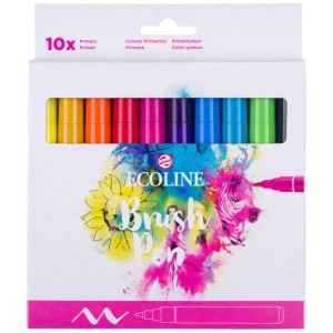 Ecoline Brushpen-Set mit 10 Primärfarben in weißer Box. Bunte Stifte für kreatives Malen und Zeichnen.