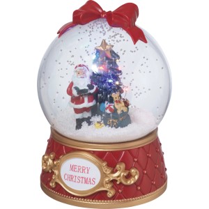 Boule à neige musicale de Noël avec sapin lumineux, Père Noël, cadeaux. Base rouge avec inscription "Merry Christmas", lumière LED.