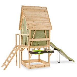 Maisonnette en bois Exit Toys Yuki 550 avec toboggan, bac à sable et cuisine boue.