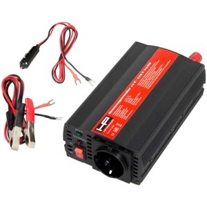 Inverter di tensione 12-230V, 300W per auto, con morsetti batteria e spina accendisigari.