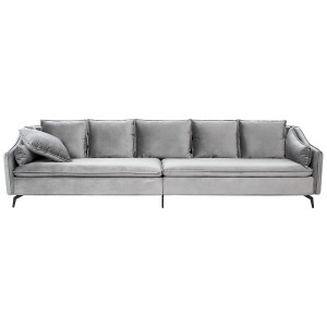 Canapé Aure gris 4 places avec revêtement en velours et coussins.