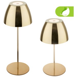 Lampe de table LED sans fil Briloner dorée, dimmable, IP44, 5W. Deux lampes de différentes hauteurs.