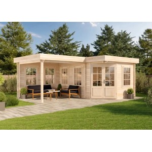 Casetta da giardino Alpholz Pepe a 5 lati con tetto piatto e terrazza coperta in giardino.