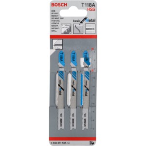 Lame per seghetto alternativo Bosch Pro T 118 A, 3 pezzi, per metallo fino a 3 mm di spessore.