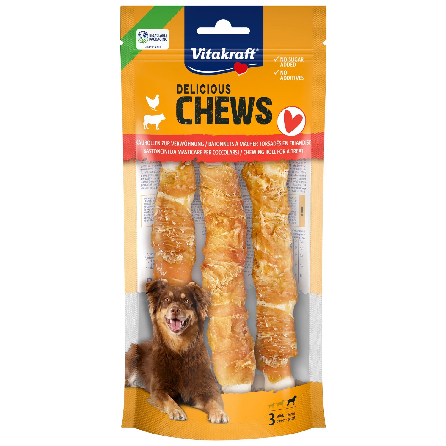 Vitakraft Delicious Chews, Dog chews, Chew knots of beef skin wrapped in chicken meat, To keep you busy, No added sugar (9x 70g