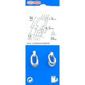 Zwei silberne Conacord Ketten-Notglieder aus Stahl, Ø 3 mm x 16 mm, für Haken- & Ösen-Sets, 35 kg Belastbarkeit.