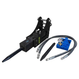 Martello demolitore Zipper ZI-MBGS850DH nero con scalpello, tubi idraulici e manometro per macchine edili.