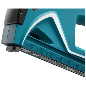 Gros plan : Novus Agrafeuse manuelle J-29, agrafeuse bleue avec marquages de taille d'agrafes.