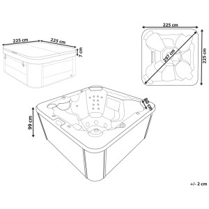 Diagramme technique du spa extérieur Beliani Villarrica, dimensions 225x225x99 cm, avec couverture.