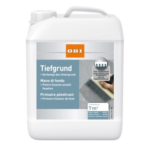 OBI Tiefgrund Transparent 1 l en bidon blanc. Idéal pour consolider le support.