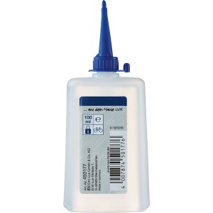 Huile de mécanique de précision LUX, 100 ml en flacon plastique transparent avec bouchon bleu.