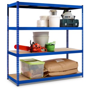 Scaffale per carichi pesanti Robus 400 blu con quattro ripiani, carico di utensili e contenitori.