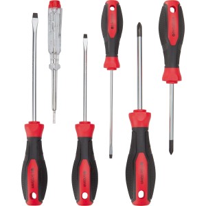 Jeu de 6 tournevis LUX avec tournevis plats, cruciformes et testeur de tension pour un vissage polyvalent.