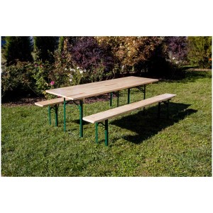 Set birreria 3 pezzi con tavolo e panche in legno, telaio laccato verde.