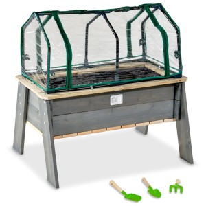 Exit Toys Aksent L carré potager surélevé en bois gris avec serre et outils de jardin.