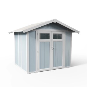 Abri de jardin Grosfillex Utility 4,9 gris-bleu, cabanon de jardin en plastique avec double porte et toit à deux pentes.