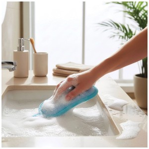 Main nettoie un lavabo avec une éponge microfibre MSV bleue. Beaucoup de mousse, idéale pour salle de bain & maison. Éponge multi-usage.