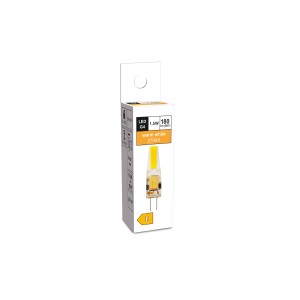 Emballage d'une ampoule LED G4, 1,5W, blanc chaud, 180 lumens, 3,7x1 cm.