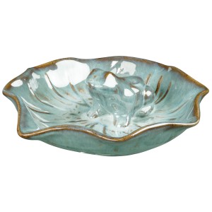 Bagna per uccelli in terracotta smaltata con rana, Ø 24cm, a forma di foglia. Bagno decorativo per uccelli da giardino.