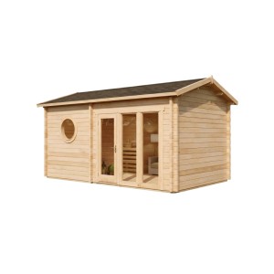 Sauna de jardin Finntherm Genf-70 en épicéa naturel avec fenêtre panoramique.