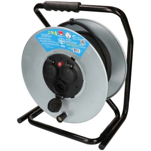 Enrouleur de câble en acier noir avec 3 prises T13 et câble de 33 m.