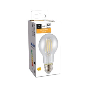 Lampadina LED E27 a forma di lampadina, 4,2 W, bianco caldo, 470 lm, nella confezione del prodotto.