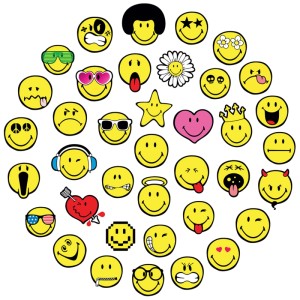 Aladine Stempel-Set Smiley, 38 gelbe Schaumstoffstempel mit verschiedenen Gesichtsausdrücken.