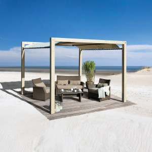 Weka Gartenoase 235: Padiglione in legno con tenda da sole e area salotto su una terrazza sulla spiaggia.