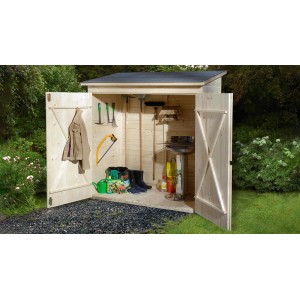 Armadio per balcone e terrazza Weka con tetto a una falda, 163x85 cm, aperto con attrezzi da giardino e grill.