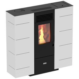 Poêle à granulés Ecofox Orione 6 blanc, 6,53 kW. Poêle à granulés avec flamme et habillage blanc.