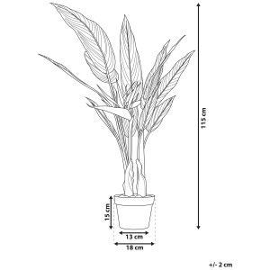 Skizze einer 115 cm hohen Kunstpflanze Strelitzia im Topf (Ø 13 cm).