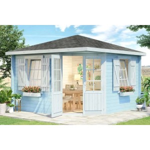 Casetta da giardino blu Alpholz Monica Royal con tetto a punta e porte aperte.