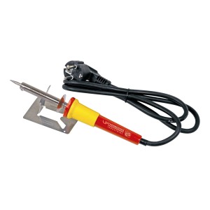 Fer à souder Rothenberger 40 W avec support, manche jaune-rouge et câble noir.