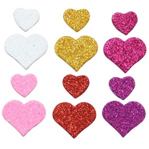 Adesivi a cuore in gomma muschiata autoadesivi, 72 pezzi, con glitter in vari colori.