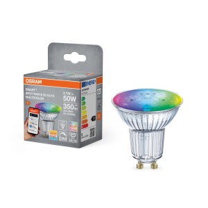 Lampadina LED Osram Matter GU10 con RGBW, 4.7W, forma a riflettore PAR16, accanto alla confezione del prodotto.