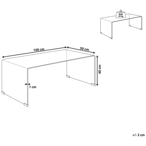 Dessin technique de la table basse Beliani Kendall, verre de sécurité bleu, dimensions 100x50x40 cm, charge 40 kg.