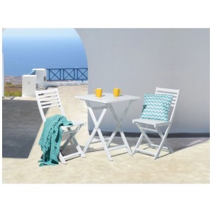 Ensemble de mobilier de balcon Fiji blanc 3 pièces en acacia avec table pliante et deux chaises.