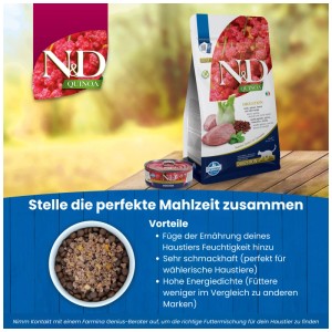 N&D Quinoa Digestion Katzenfutter mit Lamm, 300g Packung und Dose auf Holz.