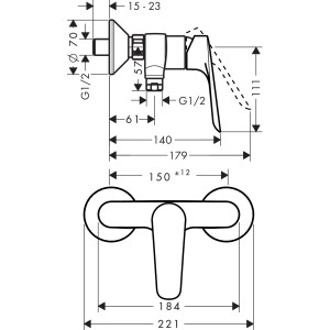 Disegno tecnico del miscelatore doccia esterno Hansgrohe Logis E, dimensioni e connessioni.