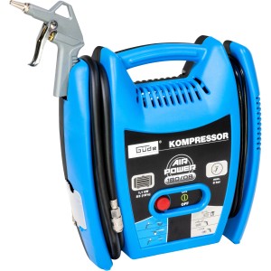 Compresseur bleu Güde Airpower 180/08 avec accessoires, idéal pour atelier et usage domestique.