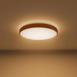 Plafonnier LED rond Philips Stylique aspect bois, 38 cm, diffusant une lumière blanc chaud.